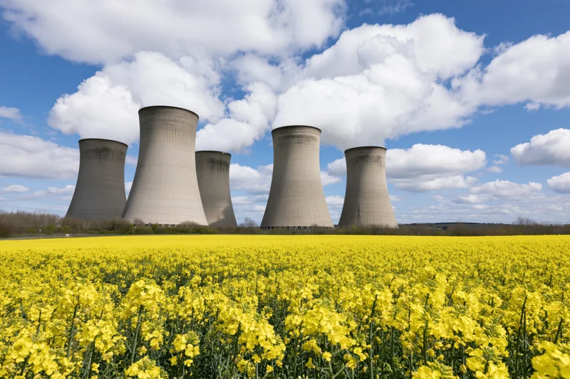 Nuclear power plant cooling towers emitting steam behind a field of yellow canola flowers under a blue sky with white clouds