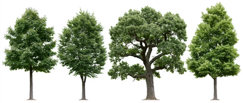 Four deciduous trees arranged side by side on white background