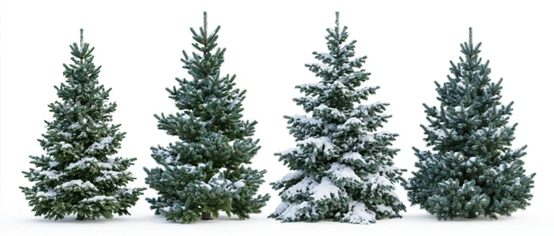 Four snow-covered evergreen trees arranged side by side on white background