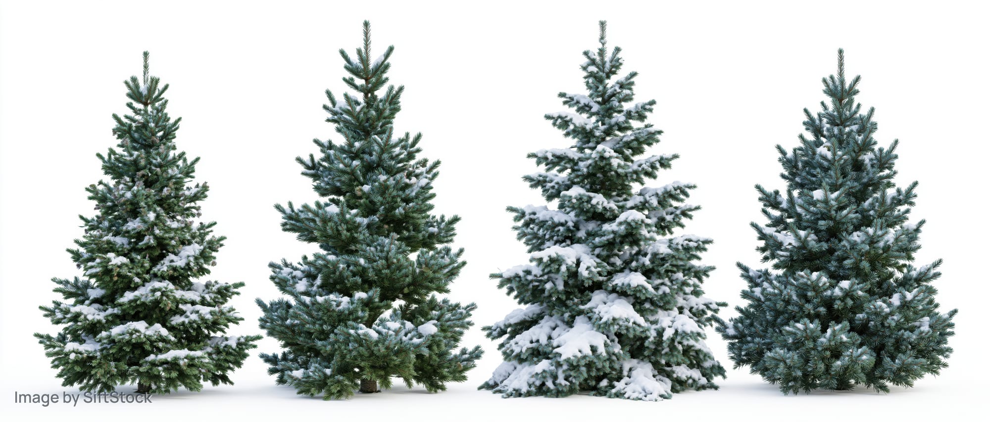 Four snow-covered evergreen trees arranged side by side on white background