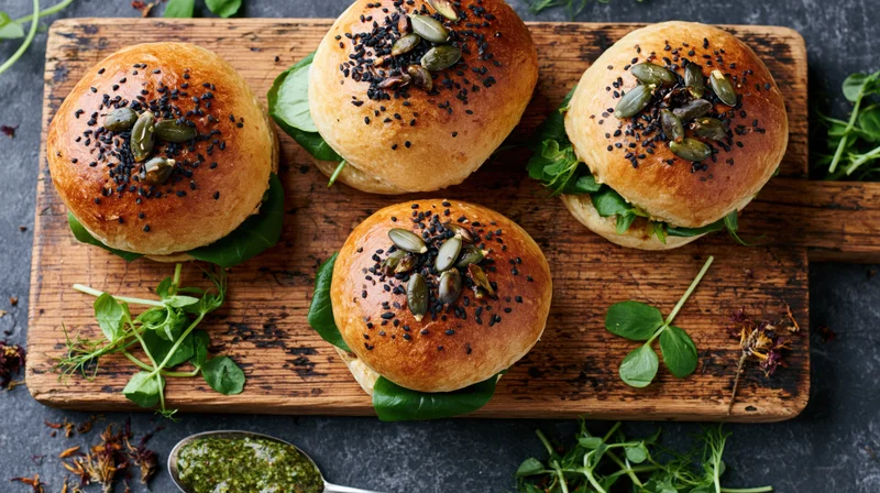 Four golden brioche sliders topped with black sesame and pumpkin seeds on a wooden cutting board with fresh greens and pesto spoon nearby