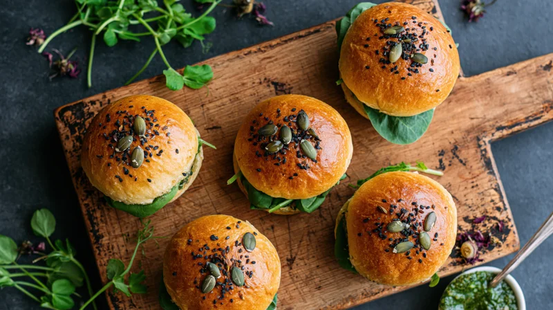 Five golden brioche sliders topped with black sesame and pumpkin seeds on a wooden cutting board with greens and herb sauce