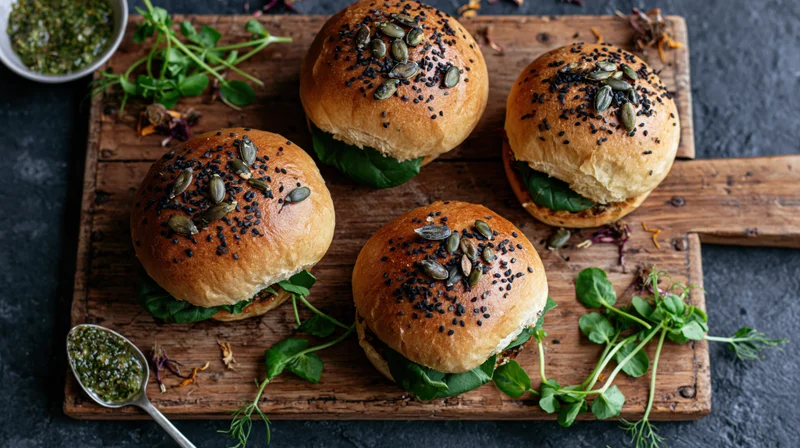 Four brioche sliders topped with black sesame and pumpkin seeds on a wooden cutting board with greens and pesto spoon