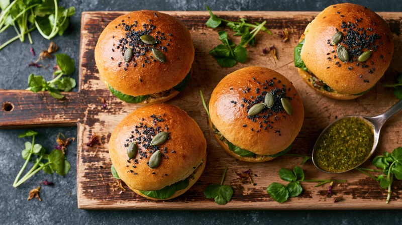 Four golden brioche sliders topped with black sesame and pumpkin seeds on a wooden cutting board with pesto and microgreens
