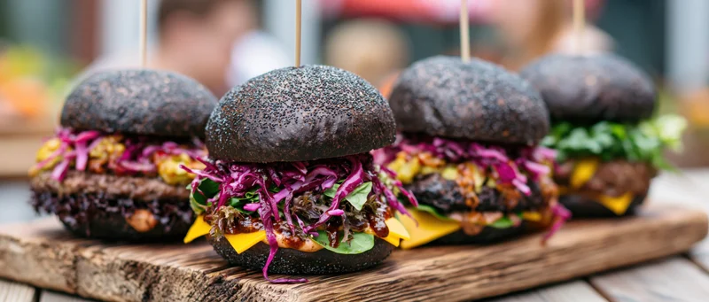 Four gourmet burgers with dark poppy-seed brioche buns lined on a wooden board