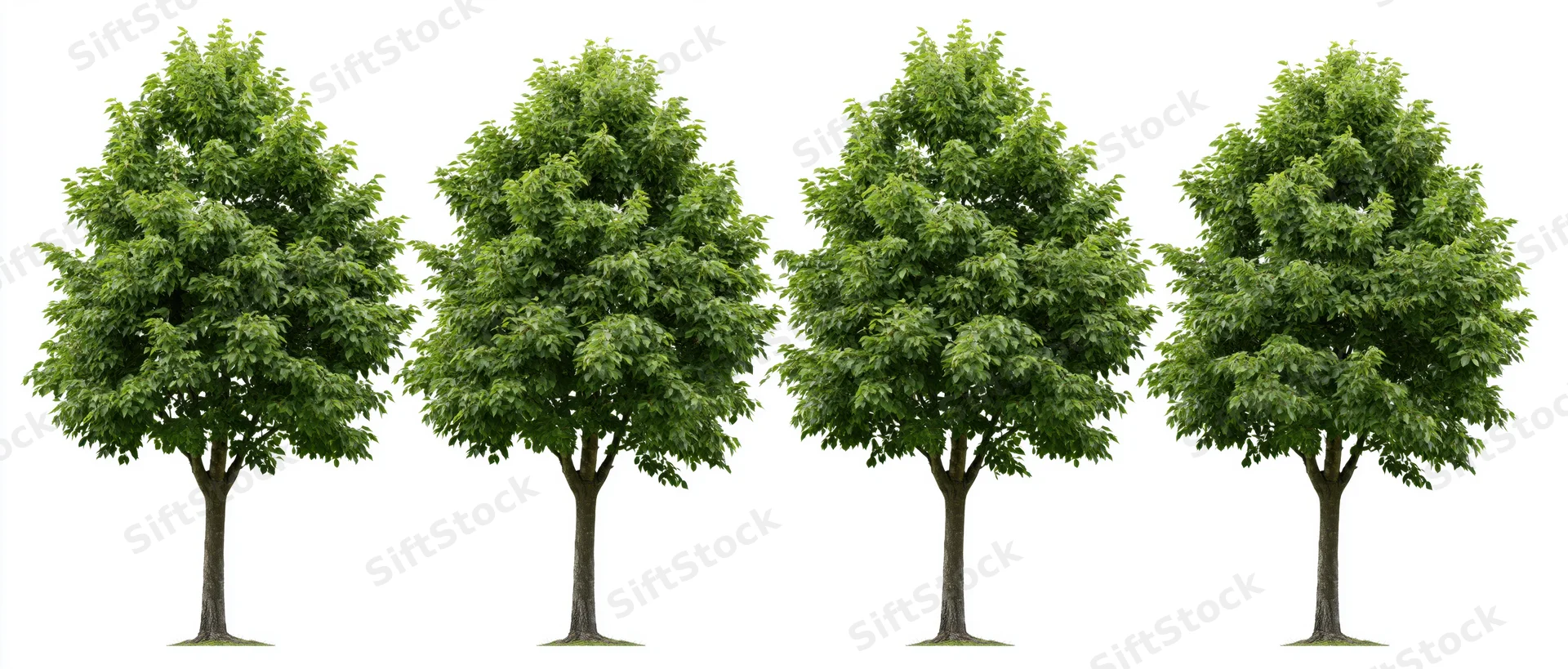 Four broadleaf trees with full green canopies arranged in a row on white background