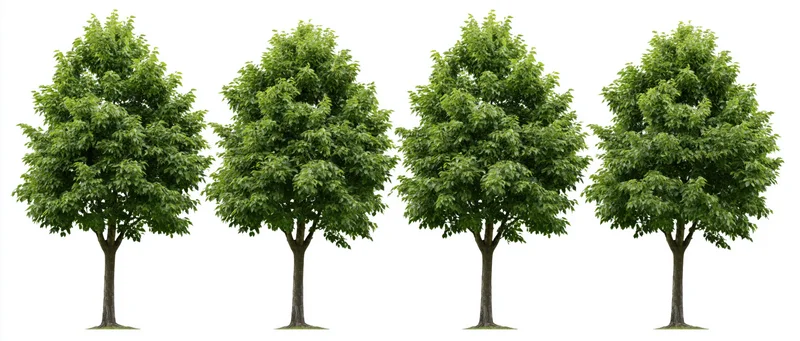 Four broadleaf trees with full green canopies arranged in a row on white background
