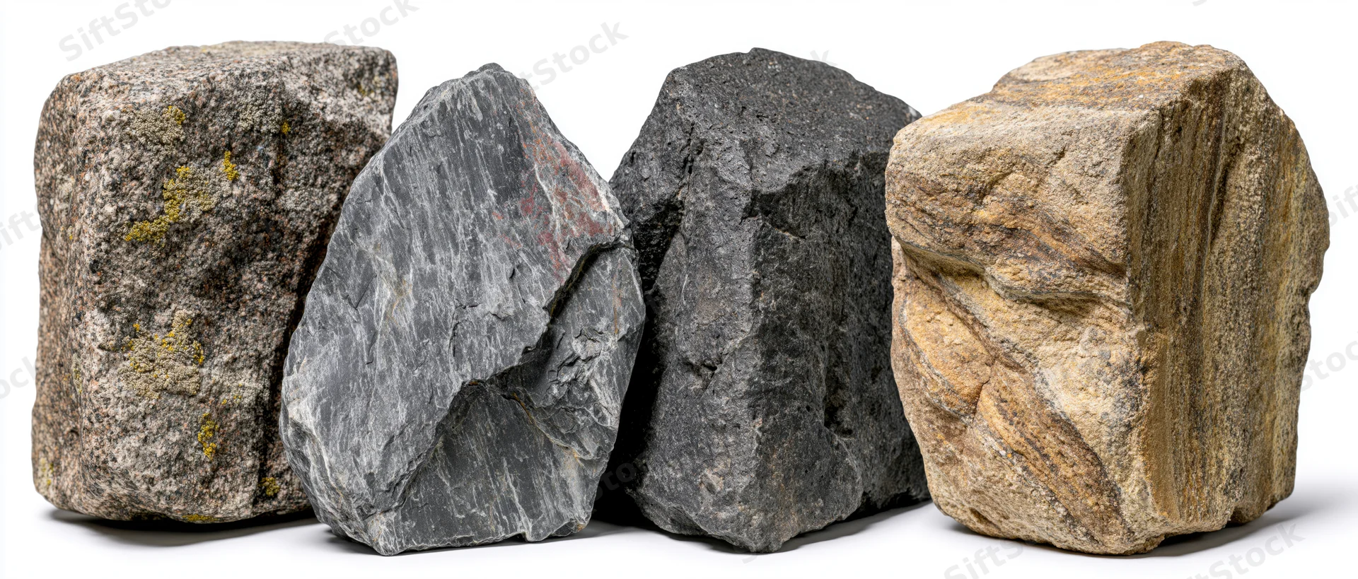 Four large natural boulders arranged side by side against a white background