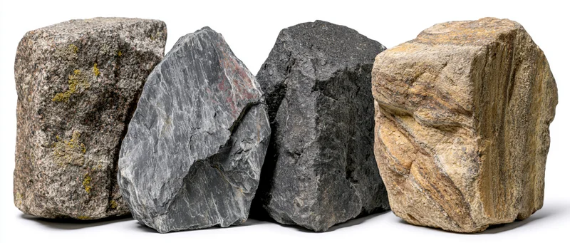 Four large natural boulders arranged side by side against a white background