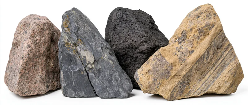 Four natural rock samples arranged side by side against a white background