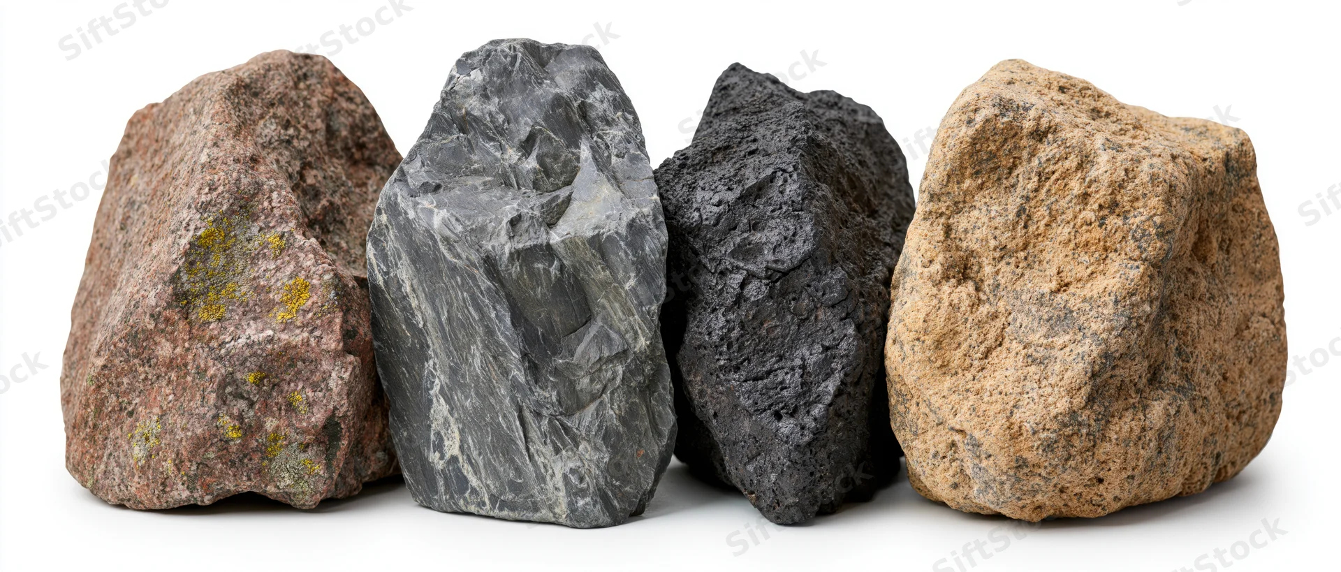 Four natural rocks arranged side by side on white background