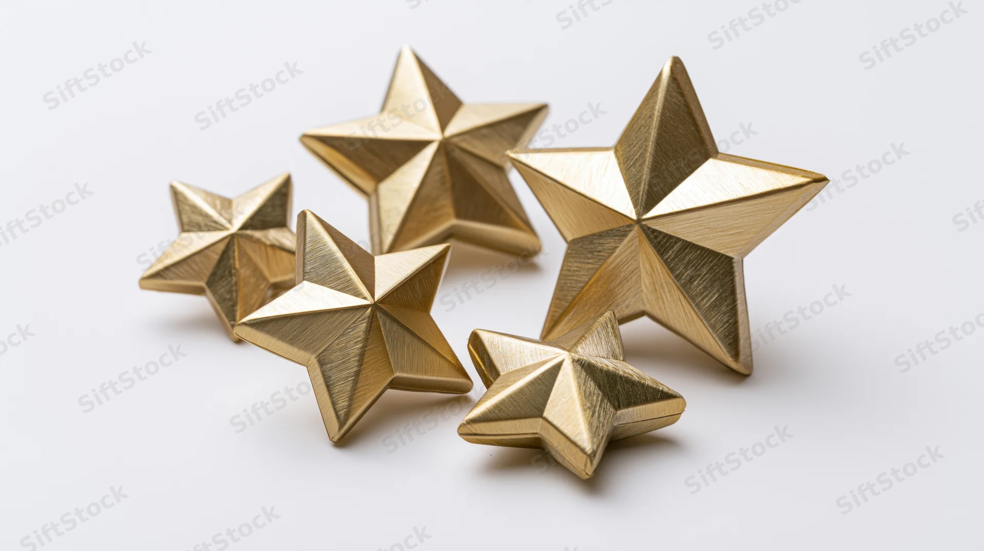 Metallic gold star decorations arranged in a loose cluster on a white surface