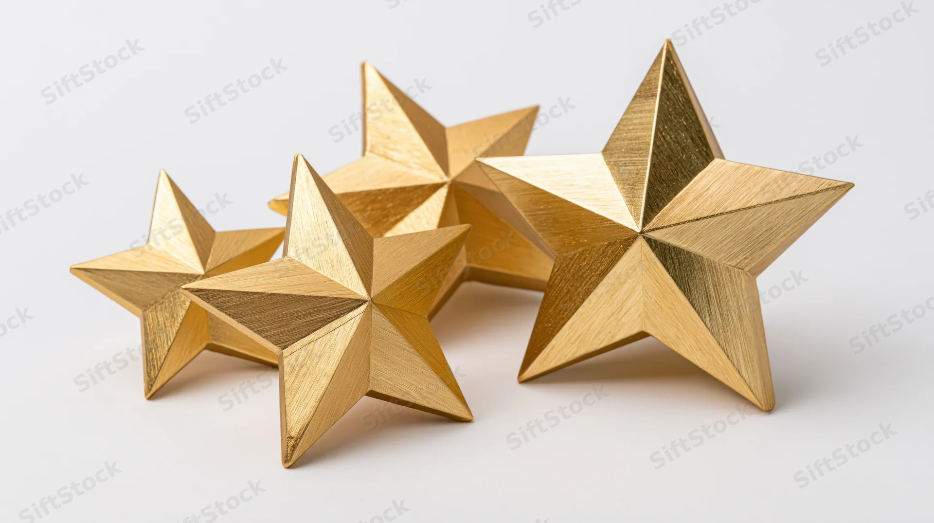 Four metallic gold star decorations arranged in a loose cluster on a white surface