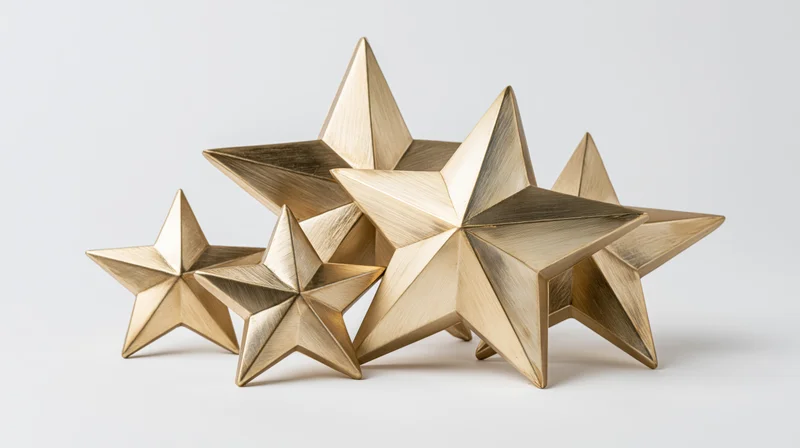 Metallic gold star decorations arranged in a loose cluster on a white background