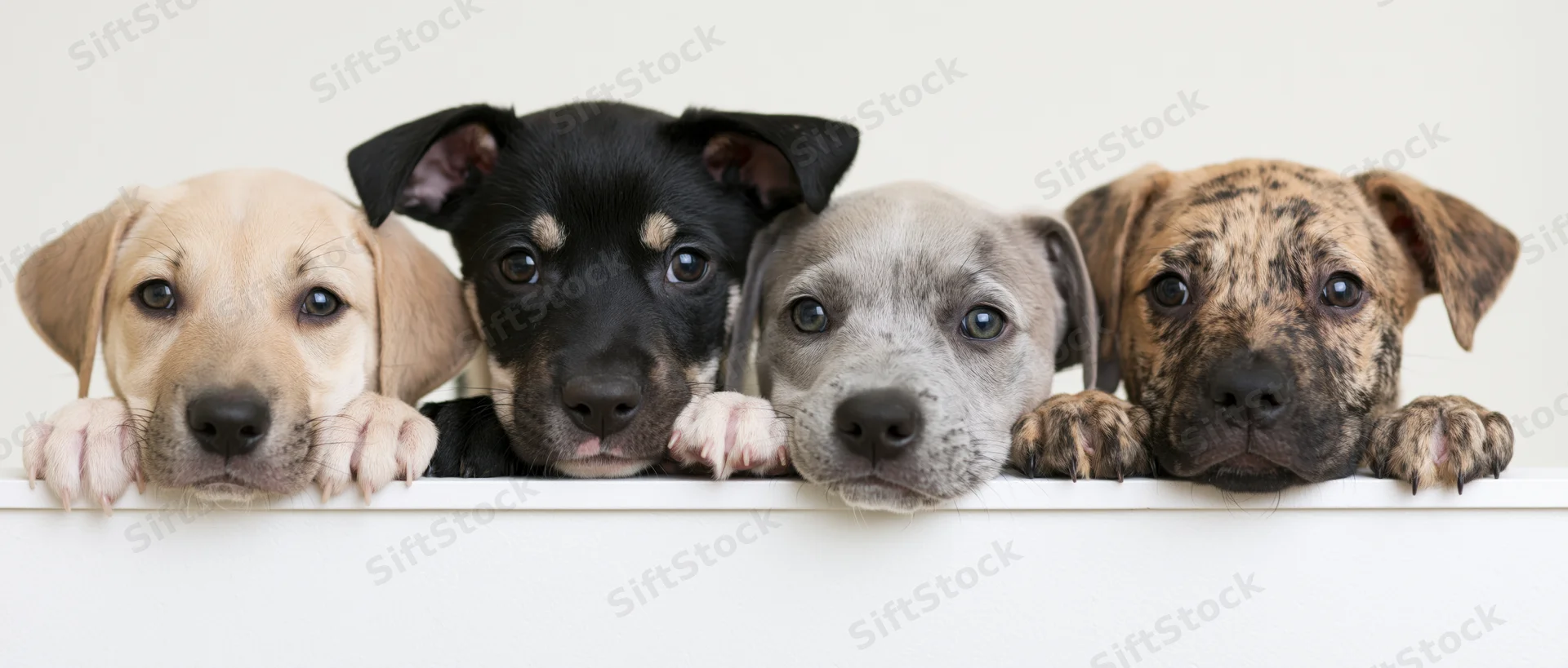 Four mixed-breed puppies peeking over a white surface with paws and heads visible in a studio portrait