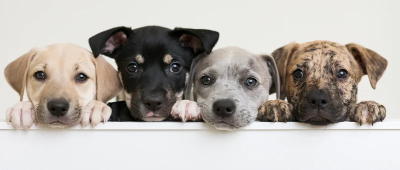 Four mixed-breed puppies peeking over a white surface with paws and heads visible in a studio portrait