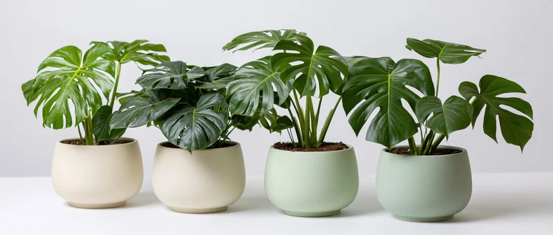 Four monstera plants in ceramic pots arranged in a row on a white surface