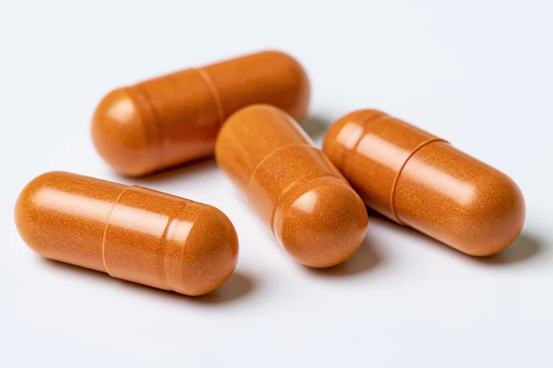 Four orange gelatin capsules scattered at slight angles on white background