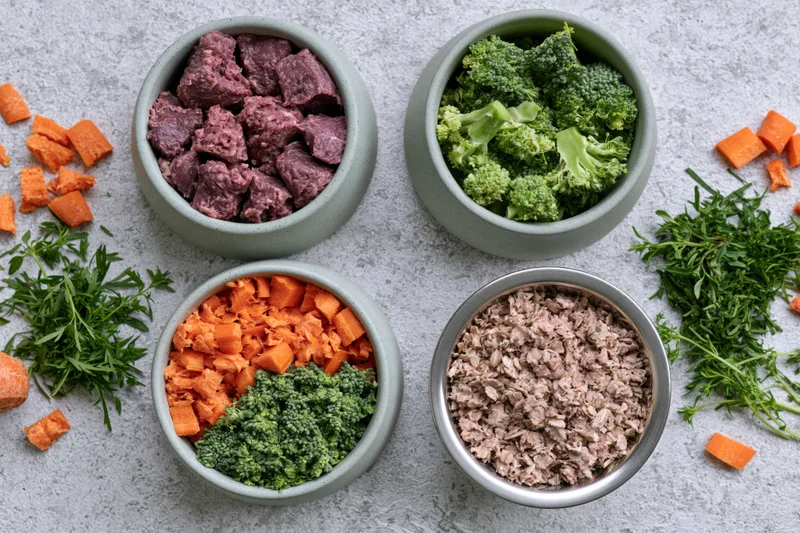 Four bowls of pet food ingredients arranged on a light grey surface