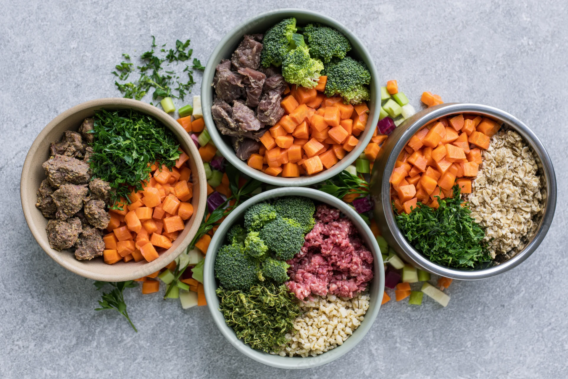 Four pet food bowls filled with meat, vegetables, and grains arranged on a gray surface