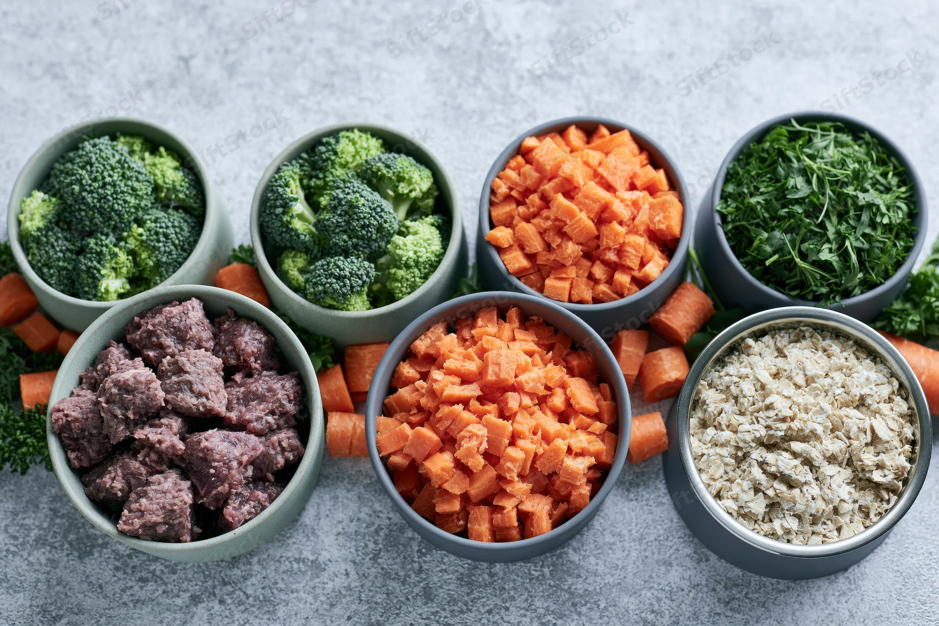 Pet food ingredients arranged in bowls on a textured gray surface