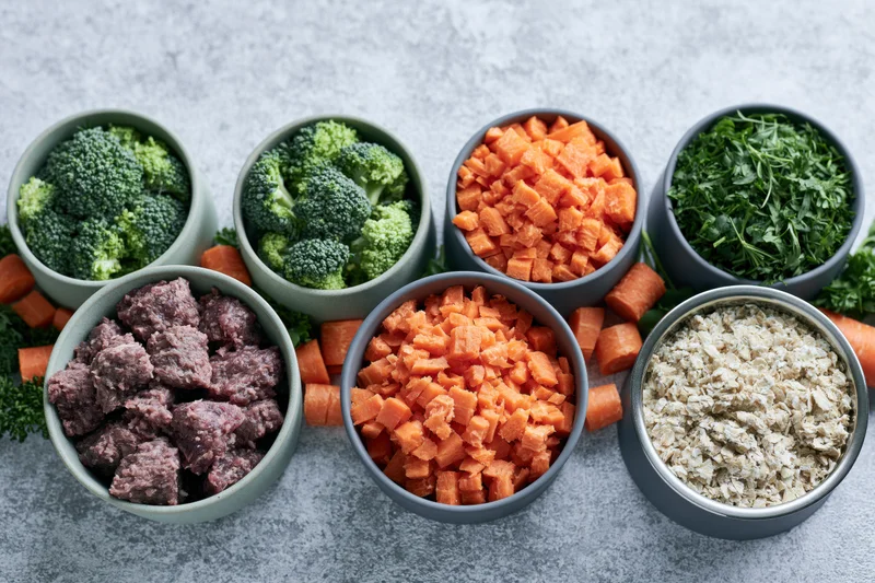 Pet food ingredients arranged in bowls on a textured gray surface