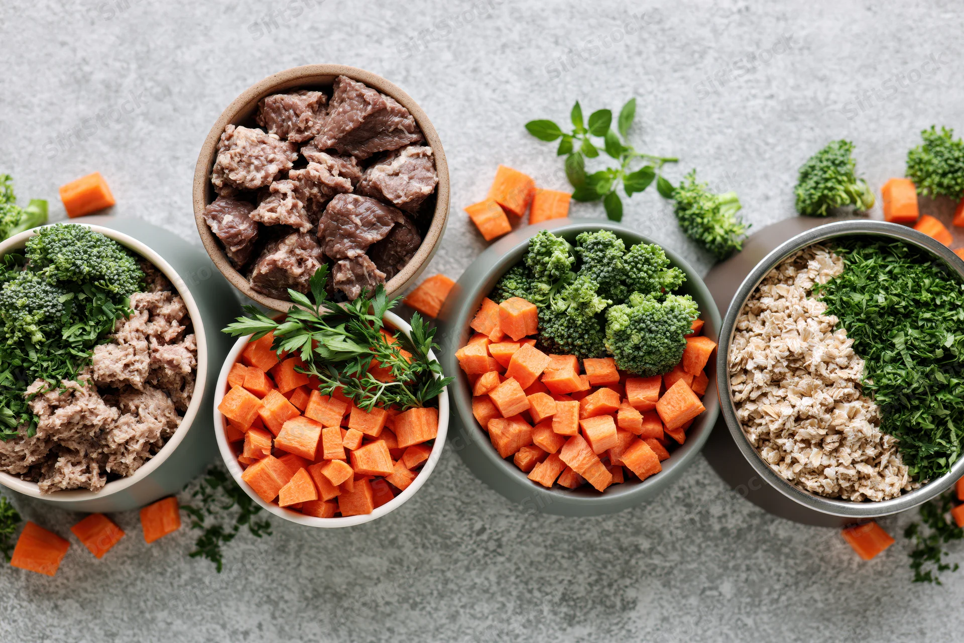 Four pet food bowls arranged in a row on a light gray textured surface, each filled with different ingredients including meat, vegetables, and grains