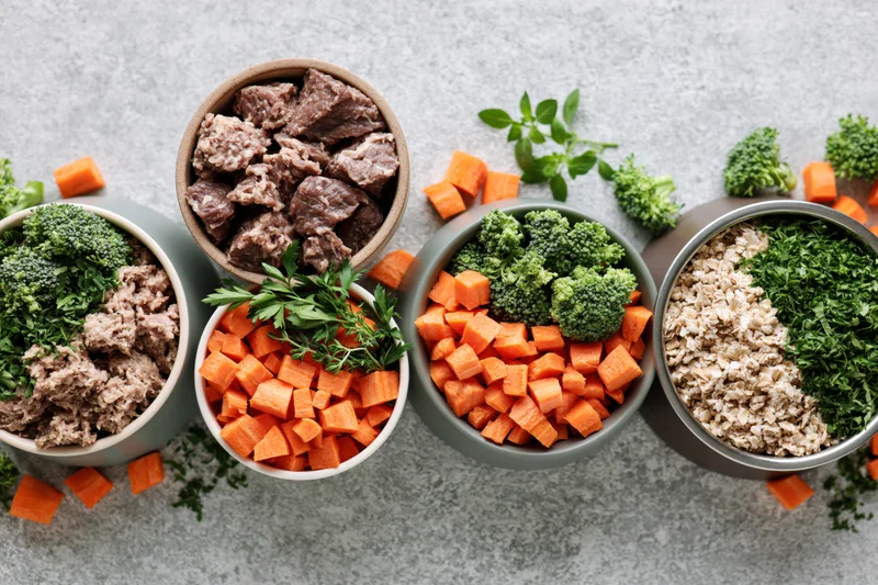 Four pet food bowls arranged in a row on a light gray textured surface, each filled with different ingredients including meat, vegetables, and grains