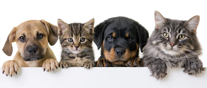 Four young pets peeking over a white ledge in a studio setting