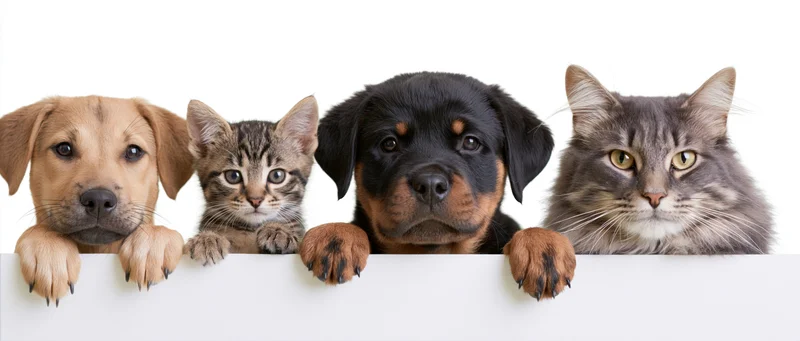Four pets peeking over a white ledge in studio view