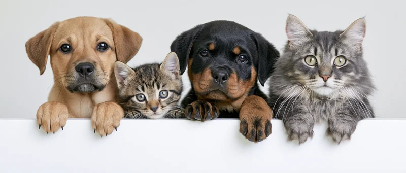 Four pets peeking over a white ledge in a studio setting