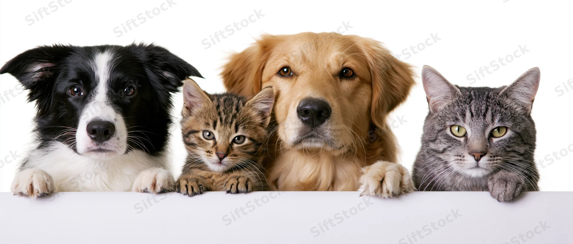 Four dogs and cats peeking over a white banner in studio setting