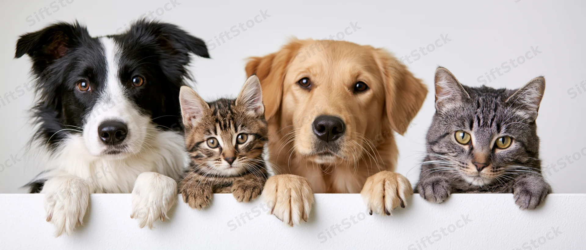 Four pets peeking over a white banner with paws resting on edge