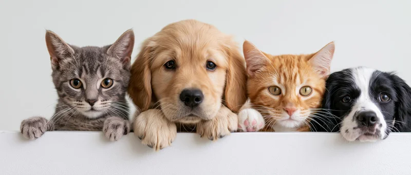 Four pets peeking over a white ledge in a studio portrait