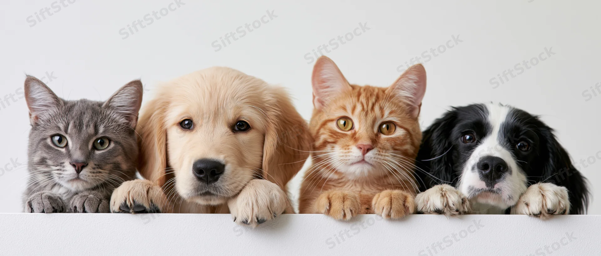 Four pets peeking over a white ledge in a studio portrait