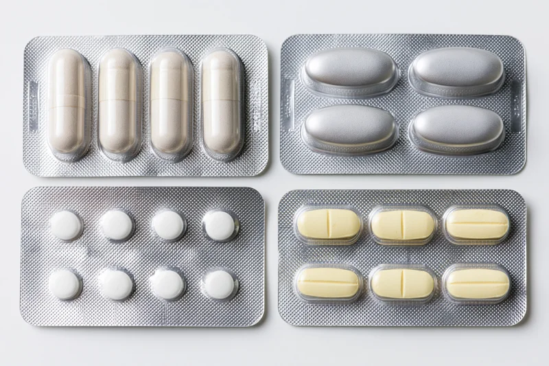 Four pharmaceutical blister packs arranged in a two-by-two grid on a white surface