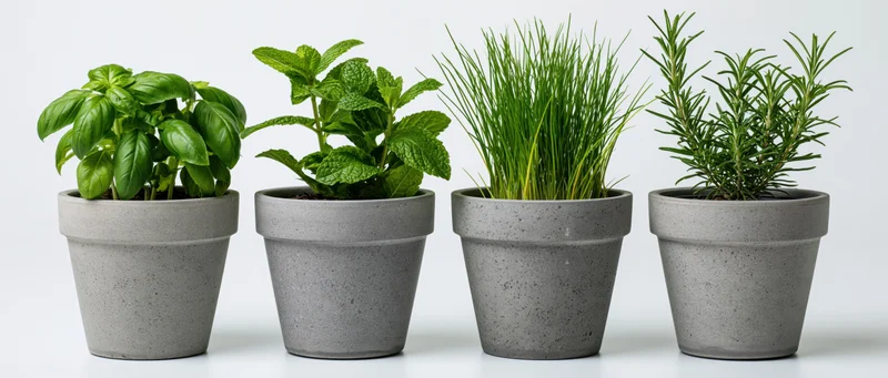 Four potted culinary herbs arranged in a row on a white surface
