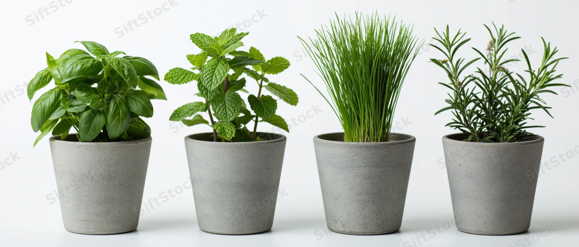 Four potted culinary herbs — basil, mint, chives, rosemary — arranged in a row on a white surface