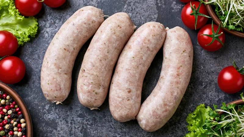 Four raw pork sausages arranged on dark stone surface with tomatoes, lettuce, and spices around