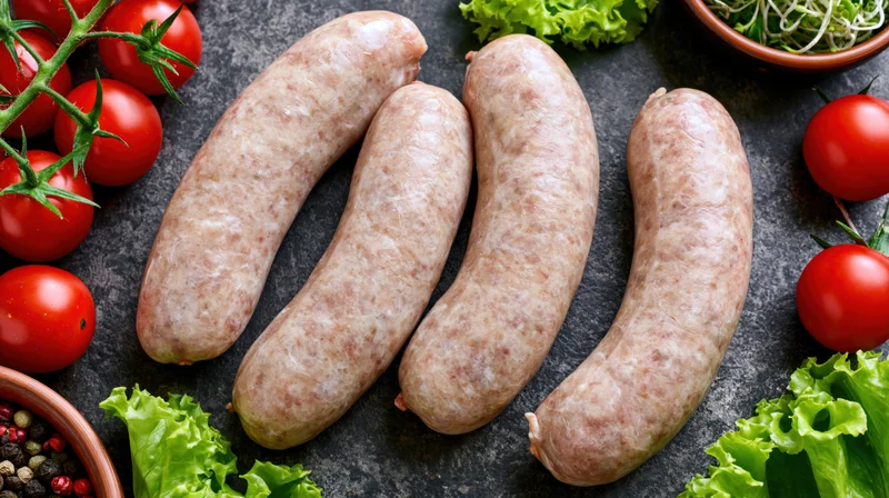 Four raw pale pork sausages arranged on dark surface with tomatoes, lettuce, and spices around