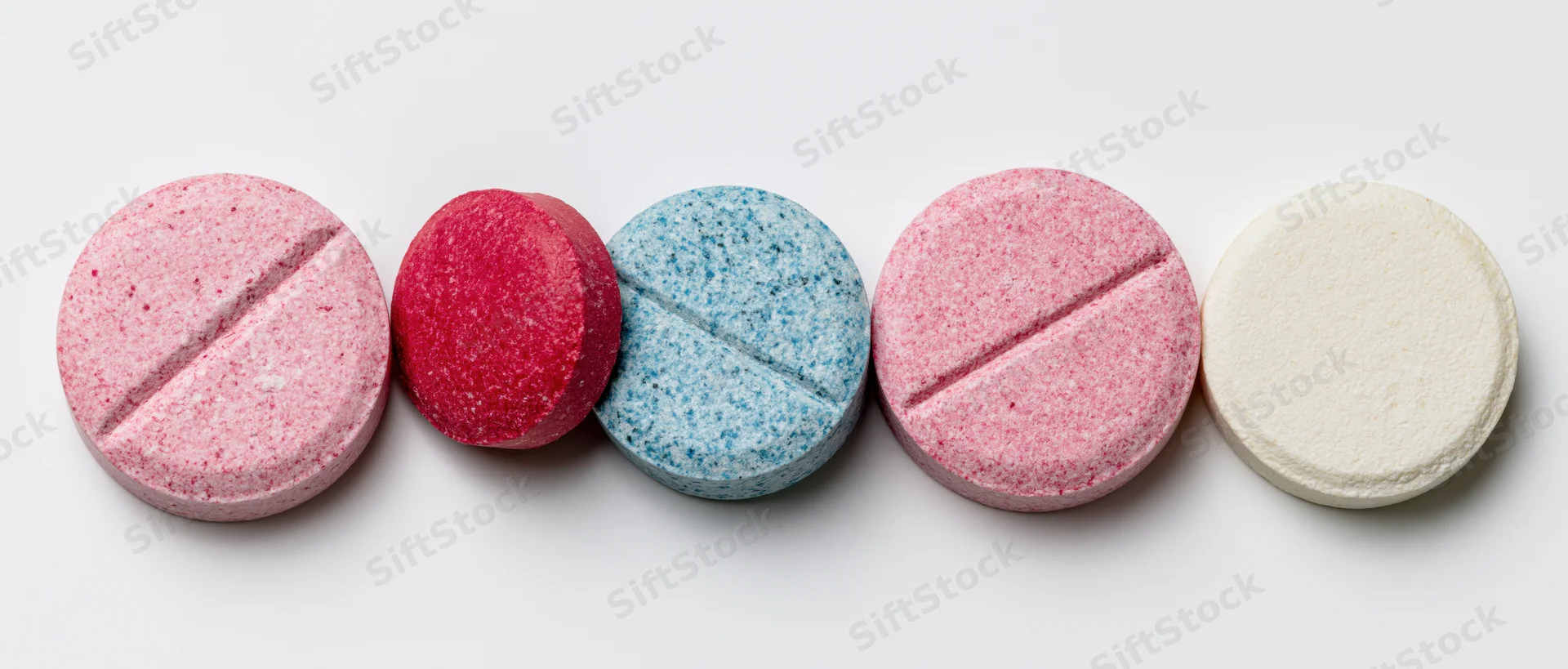 Five round pharmaceutical tablets arranged in a row on a white surface