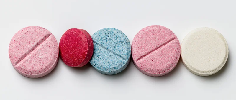 Five round pharmaceutical tablets arranged in a row on a white surface