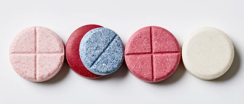 Four round pharmaceutical tablets arranged in a row on a white surface