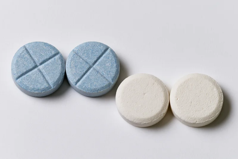 Four round pharmaceutical tablets arranged in two-by-two grid on white surface