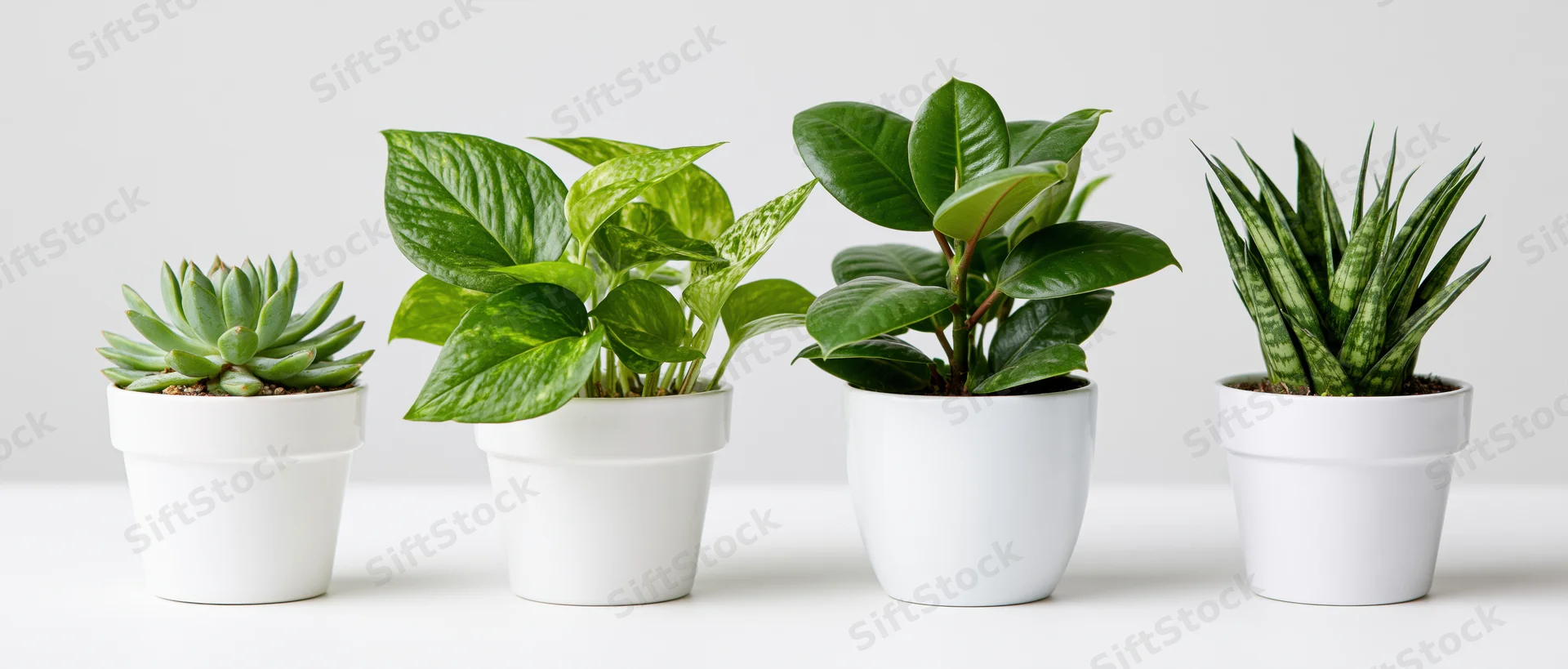 Four small houseplants arranged in a row on a white surface