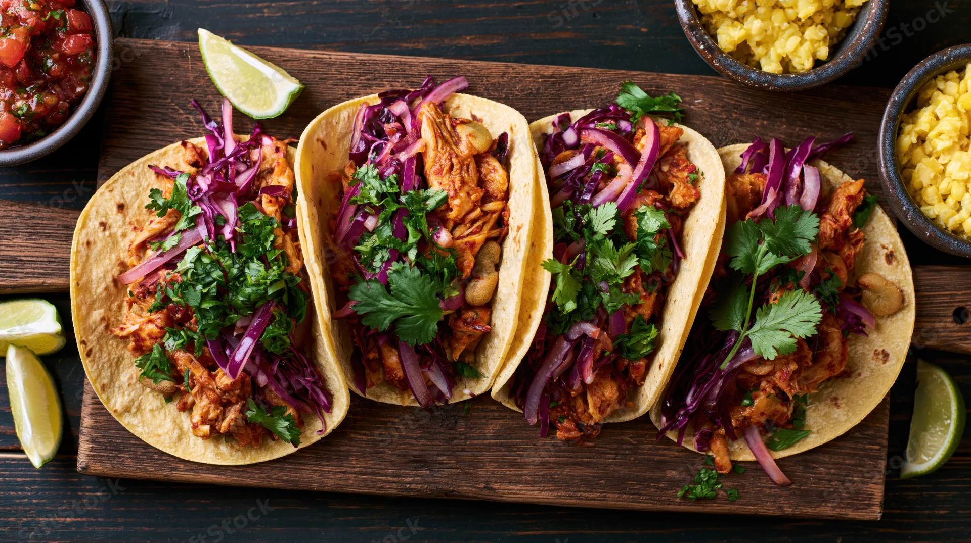 Four soft corn tortilla tacos filled with shredded spiced chicken and topped with cilantro, red onion, and purple cabbage on a wooden board with lime wedges and side bowls of salsa and corn salsa