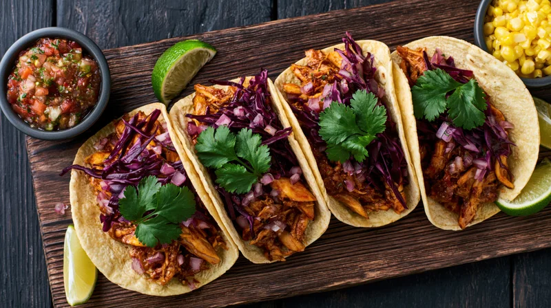 Four soft corn tortilla tacos filled with shredded spiced chicken and red cabbage on a dark wooden board with lime wedges and salsa bowls
