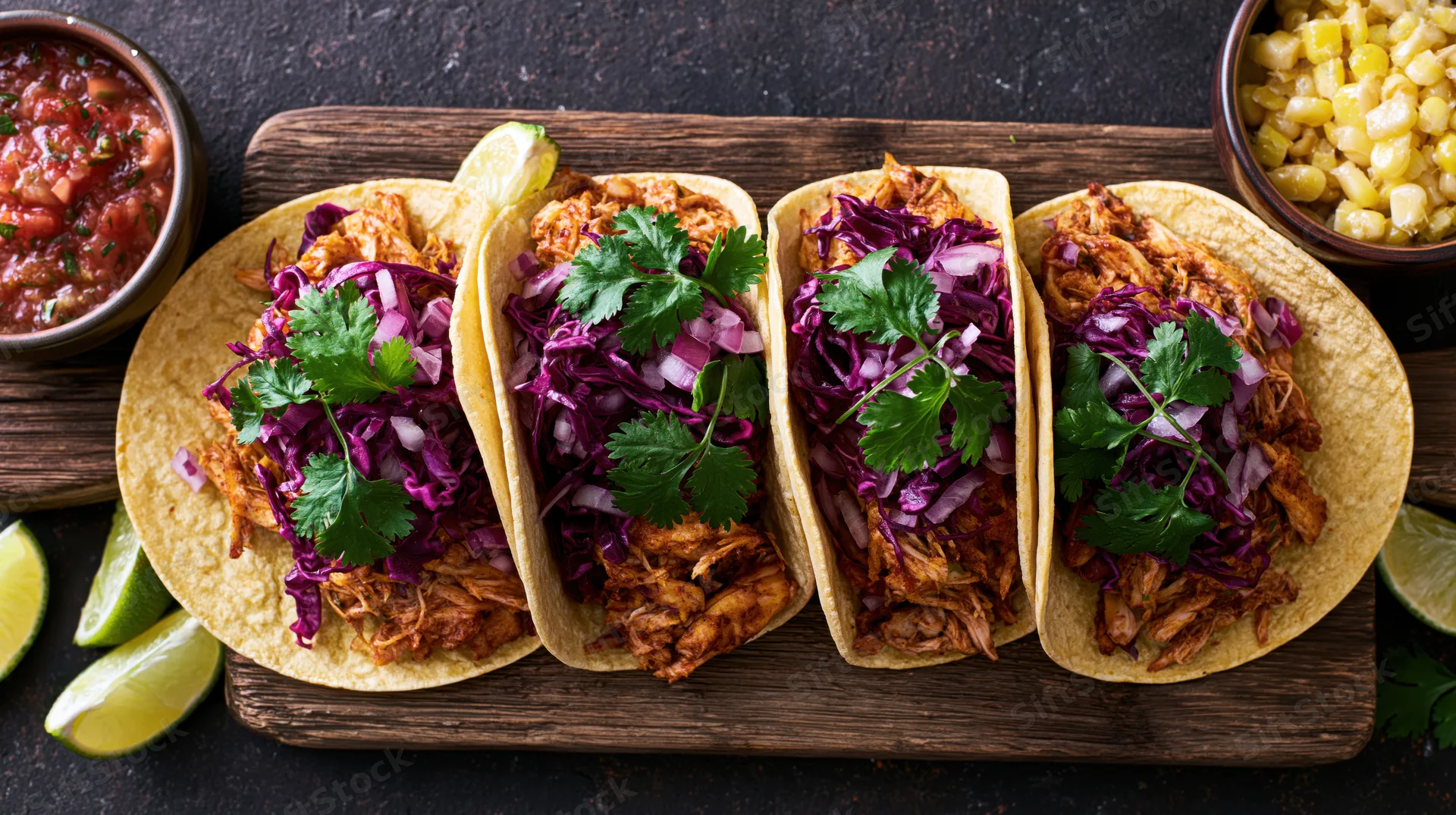 Four soft corn tortilla tacos filled with shredded spiced chicken and purple cabbage on a wooden board with salsa and corn on the side