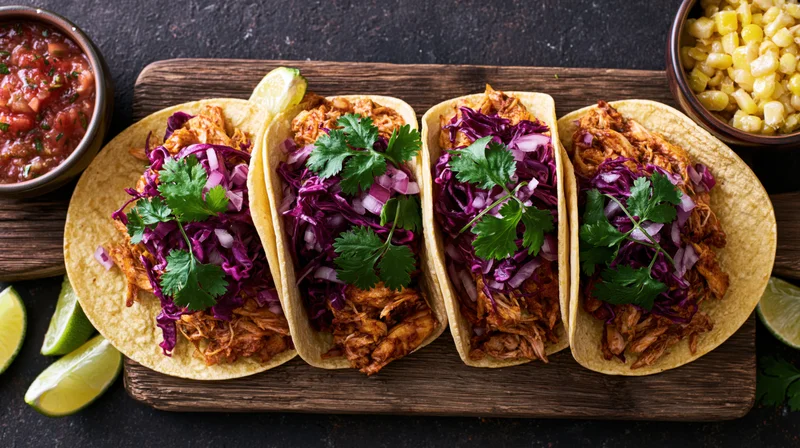 Four soft corn tortilla tacos filled with shredded spiced chicken and purple cabbage on a wooden board with salsa and corn on the side