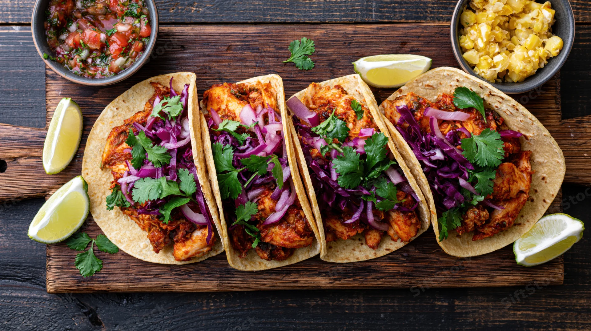 Four soft corn tortilla tacos filled with shredded spiced chicken and topped with red cabbage, cilantro, and lime on a wooden cutting board